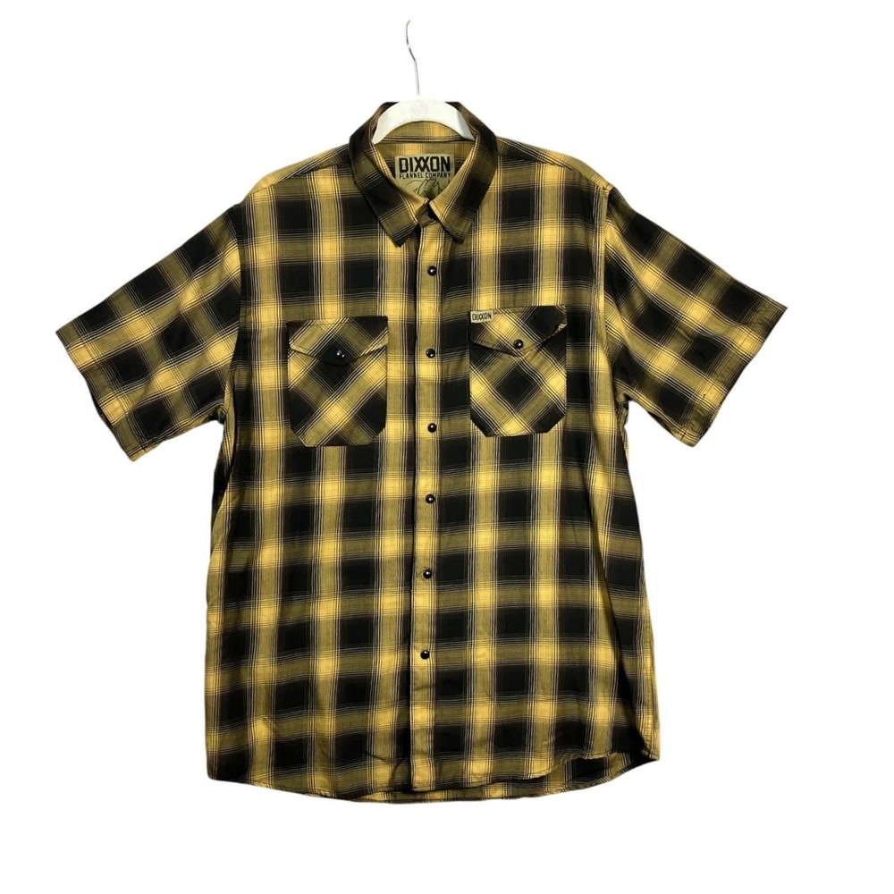 Dixxon Flannel Co Mens Gold Rush Bamboo Shirt L Black Yellow Plaid Short Sleeve